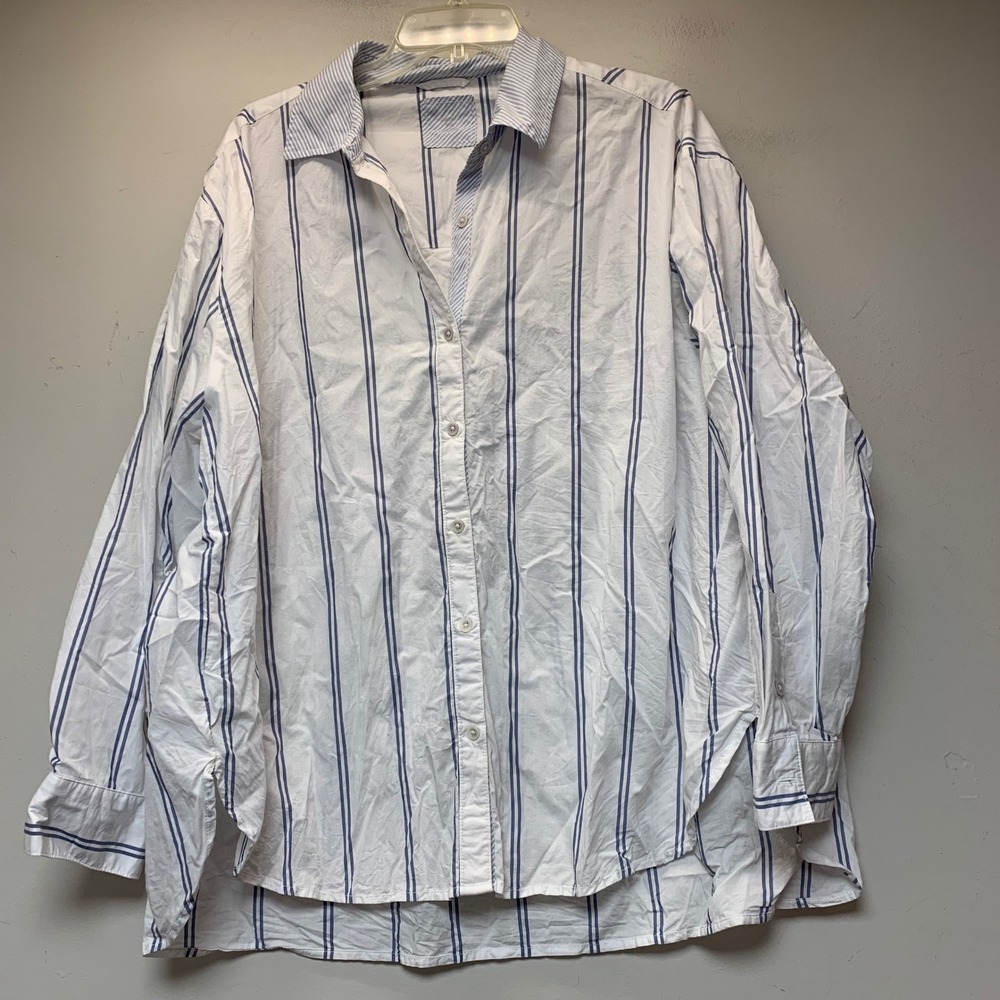 Aerie Striped Button Down Shirt Womens Medium Blue White Excellent Oversized